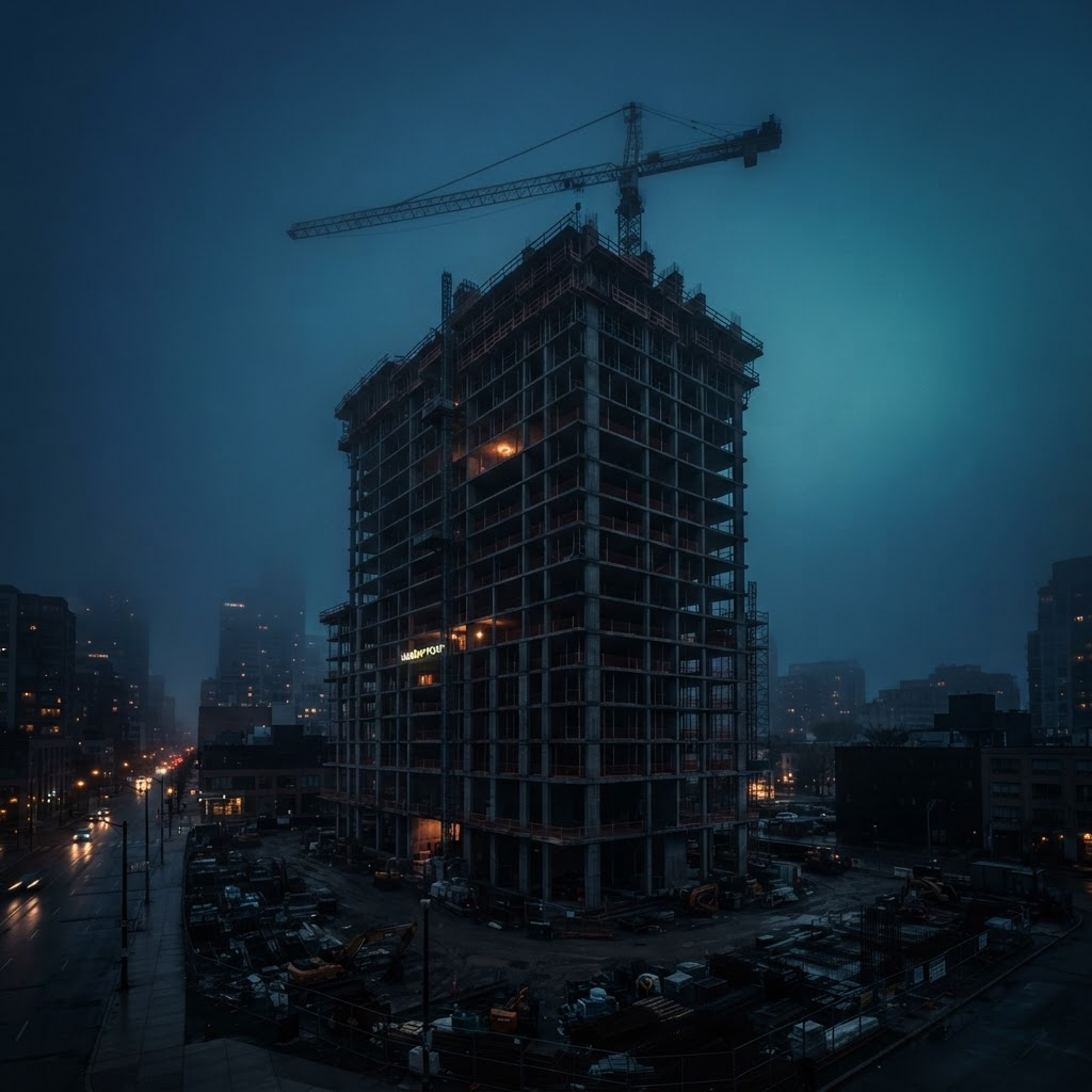 Edificio residencial en construcción detenida al atardecer